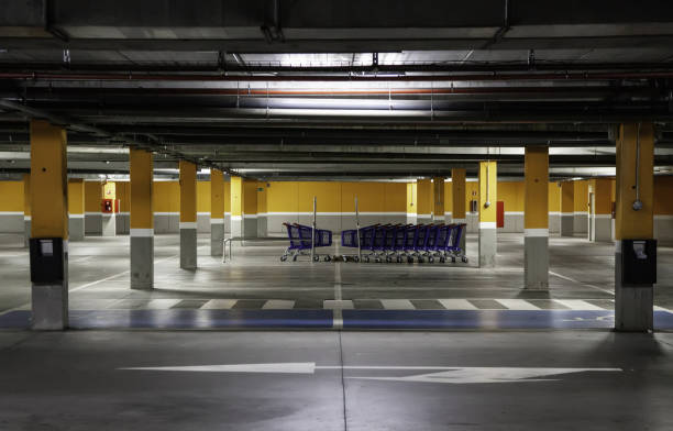 Shopping carts in supermarket parking, transport and objects